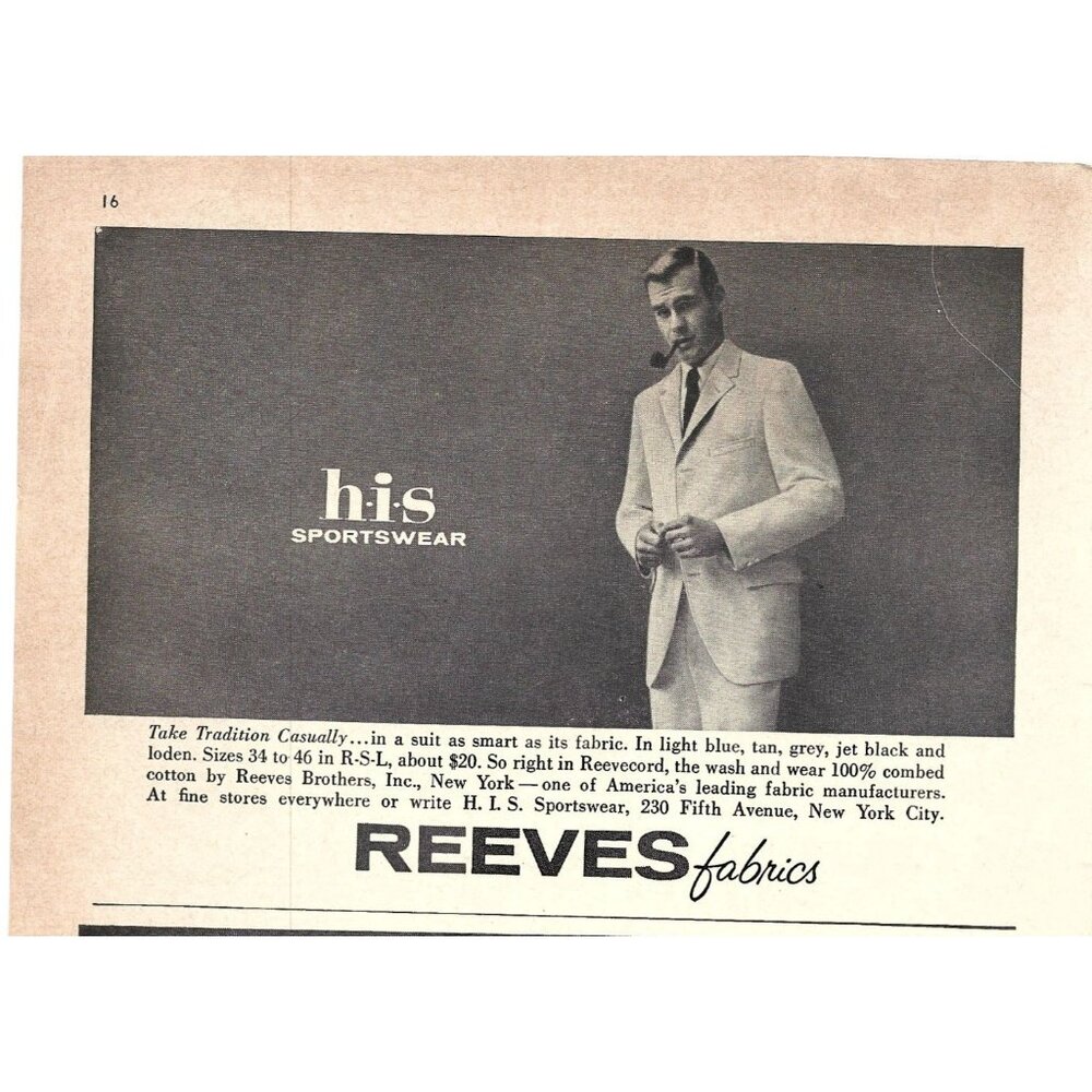 Reeves Brothers New York Men Fashion Advertisement 1960s Vintage Print Ad